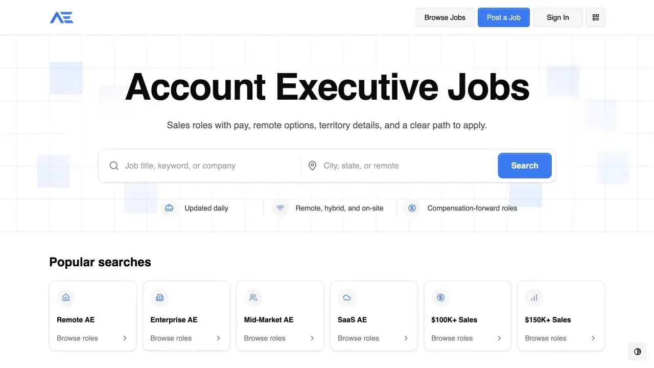 Account Executive Jobs website homepage captured in July 2026