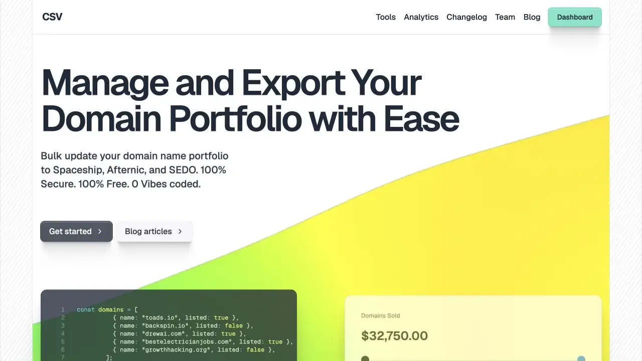 CSV.domains website homepage captured in July 2026