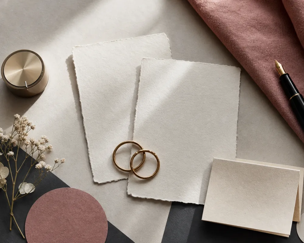 An editorial writing desk comparing wedding vow tools
